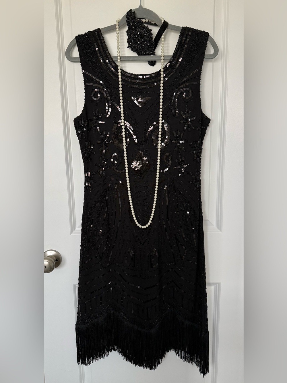 1920s Flapper Dress Costume Black Sequin Fringe Size Medium + Accessories